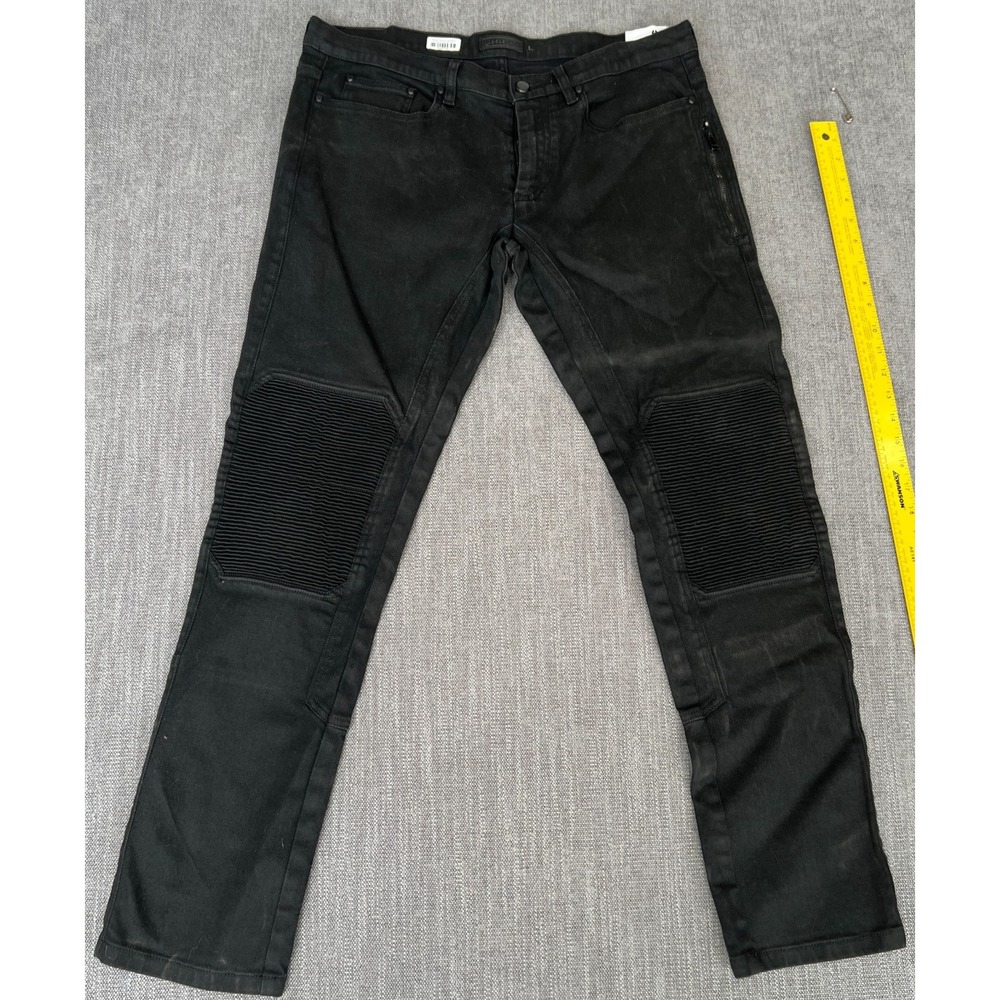 Belstaff Biker Jeans Mens 36x33 Black Denim Ribbed Knee Zip Pocket Straight Leg